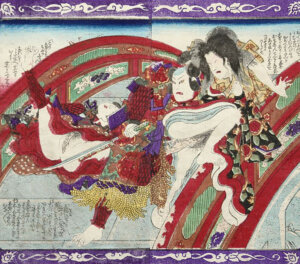 SAMURAI ON A BRIDGE BATTLING A GHOST WHILE MAKING LOVE TO A WOMAN